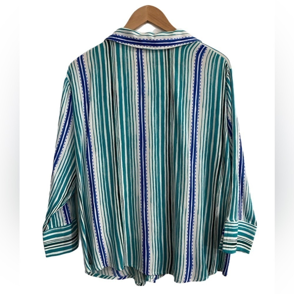 Adrienne Vitadini teal, blue & white striped 3/4 sleeve button up blouse - Picture 2 of 5